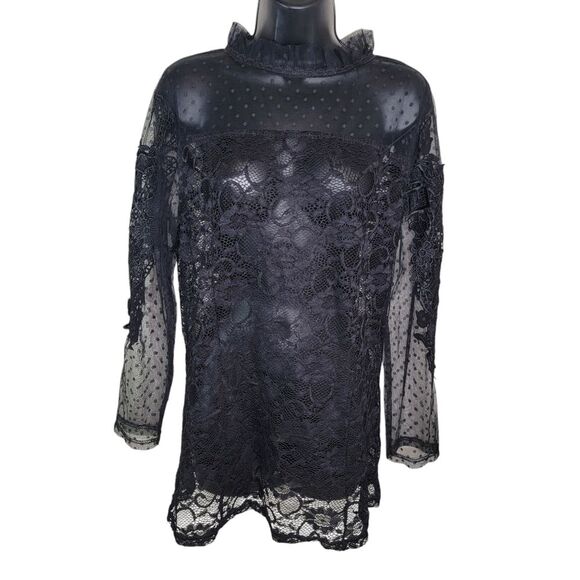 Pretty Angel Black Lace Long Sleeve Blouse Size Large - Picture 1 of 8